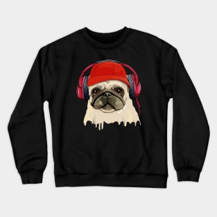 Pug, pug face and music headphones, pug lovers, gift for pug lovers Crewneck Sweatshirt